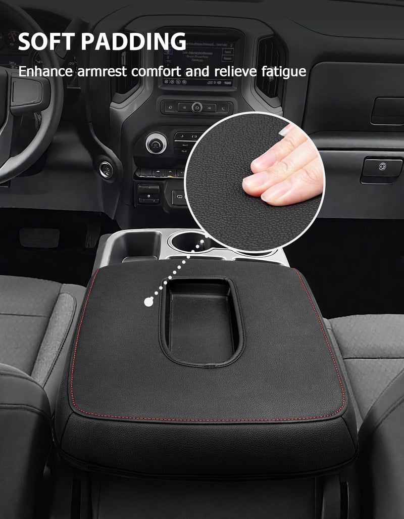 Eaglecover Center Console Cover for 2019-2026 Chevy Silverado & GMC Sierra 1500 2500 3500 HD Accessories, 40/20/40 Jump Seat, Vinyl Leather Arm Rest Protector, Anti-Scratch, Black Red Stitching - Image 4